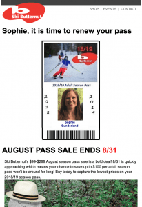 Screenshot of Butternut's redesigned pass sale email