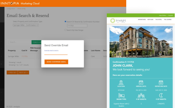 screenshot of hotel email marketing custom confirmation tool