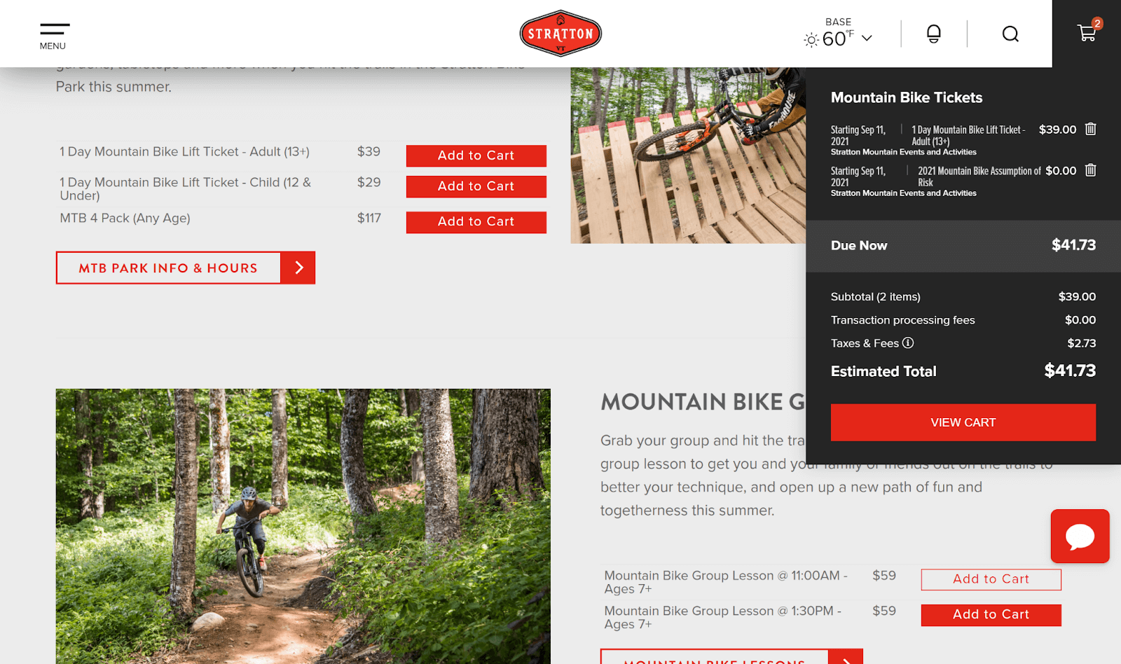 screenshot of stratton bike park page