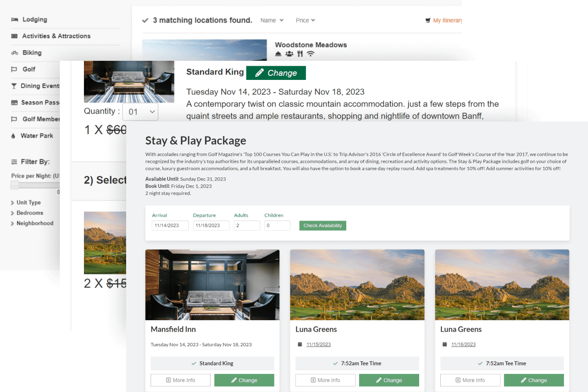 screenshots of packaging options in a resort booking engine