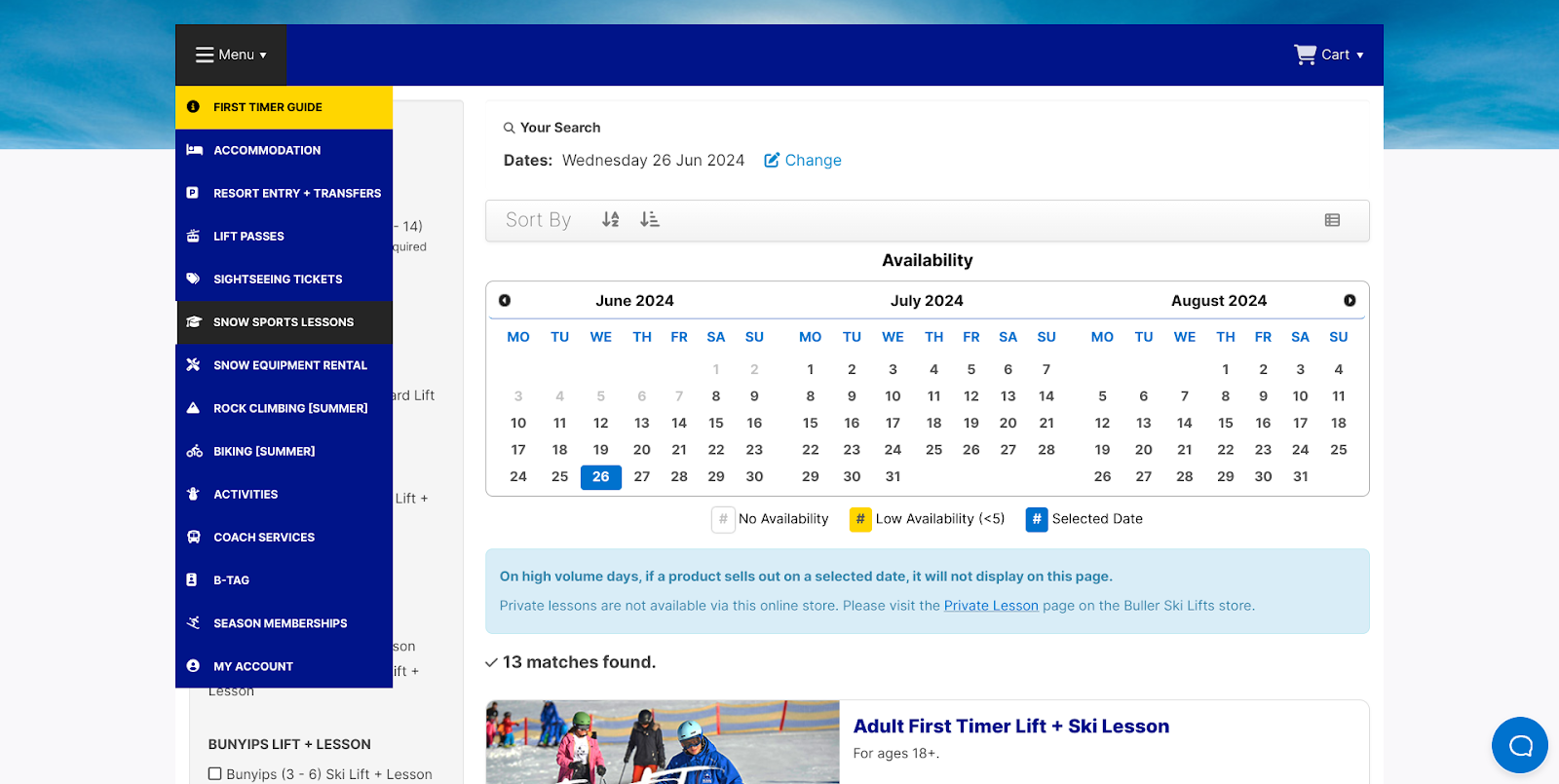 screenshot of mt buller booking engine menu