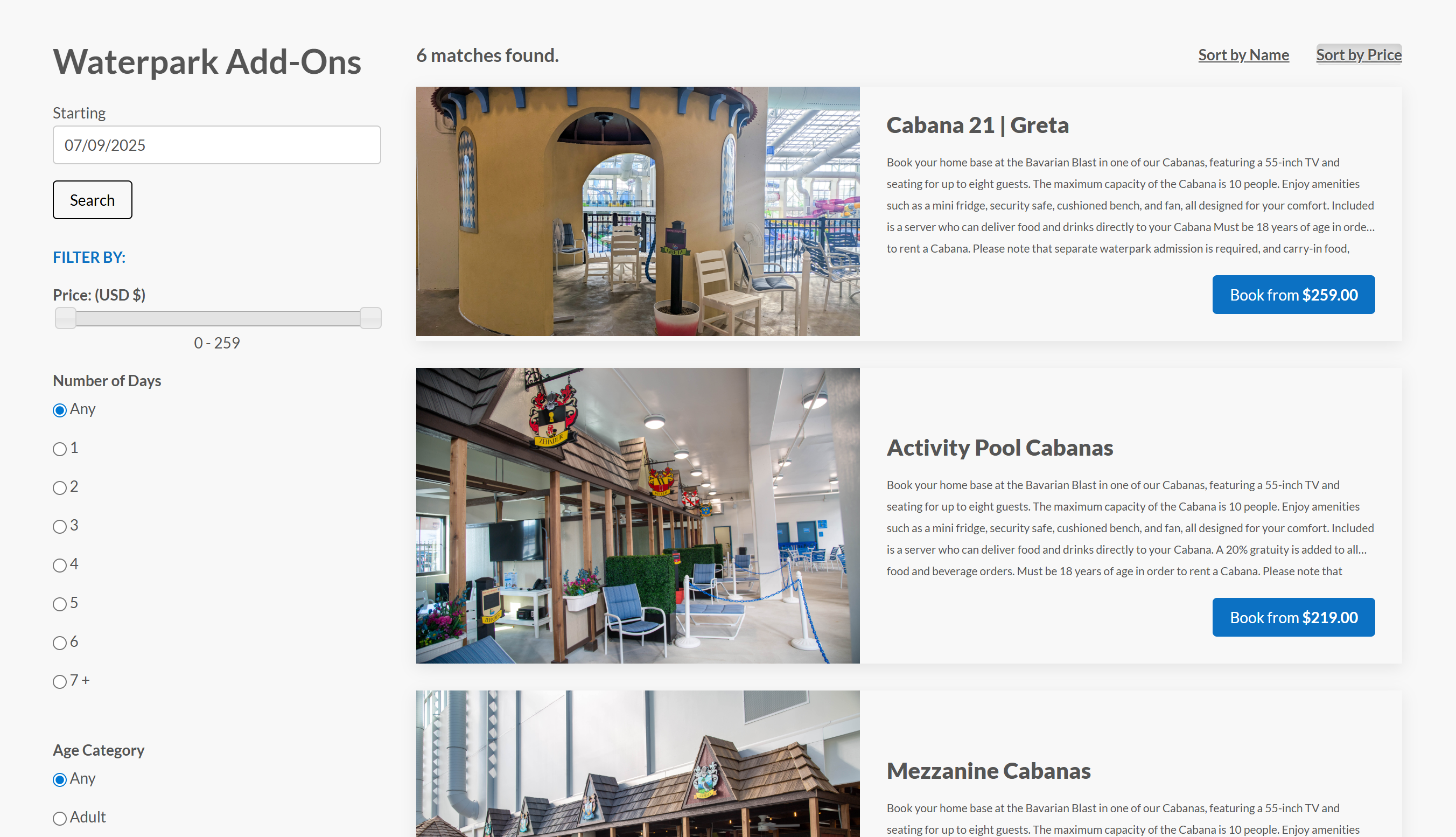 screenshot of cabana rentals