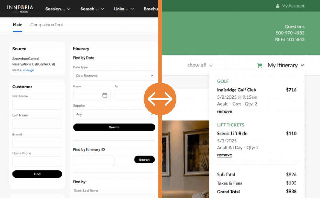 screenshot of booking engine and call center app